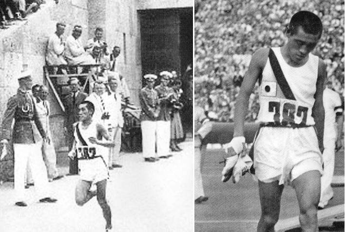 손기정이 베를린 올림픽 메인스타디움에 1위로 들어오는 있다. (왼쪽) 1위로 골인한 뒤 여유있는 모습으로 고개를 푹 숙인채 본부석 앞을 지나가고 있는 모습