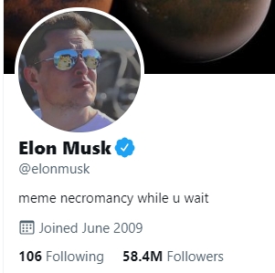 일론 머스크 트위터 계정 모습. 일론 머스크는 현지시간 21일 한 온라인 콘퍼런스에서 비트코인 결제 재개 가능성을 언급함으로써 비트코인이 10% 가량 상승했다.