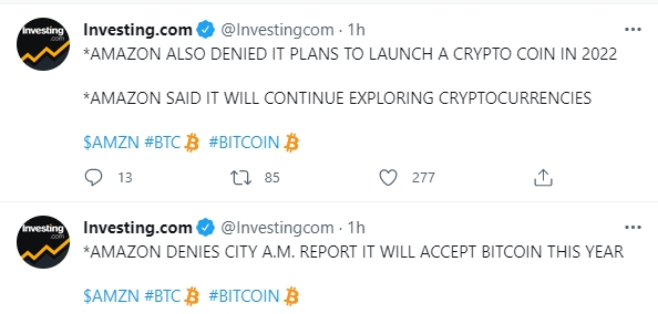 인베스팅닷컴은 자신의 공식 트위터에서 27일 새벽 5시5분(한국시간) "아마존이 올해 비트코인 결제를 허용할 것이라는 '시티 에이엠'의 보도를 부인했다"고 밝혔다. 이로 인해 4만달러를 넘겼던 해외 비트코인 가격은 한시간만에 4천달러 정도 추락했다. / 사진 = 인베스팅닷컴 트위터 캡처