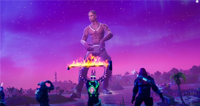 게임 상에서 실제 가수의 아바타와 가상 콘서트를 갖는 장면(포트나이트).