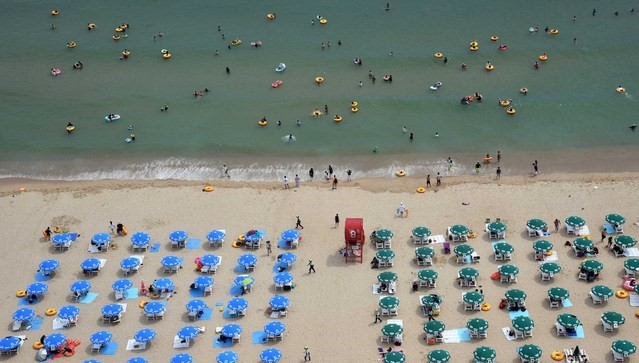부산지역에 폭염경보가 발효 중인 1일 해운대해수욕장을 찾은 시민과 관광객들이 물놀이를 즐기고 있다. 이날 피서 절정기를 맞았지만 코로나19 여파로 해운대를 찾은 피서객은 예년에 비해 크게 감소한 모습이다.