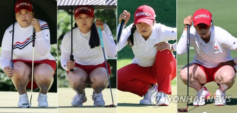 (사이타마=연합뉴스) 5일 일본 가스미가세키 컨트리클럽에서 열린 도쿄올림픽 여자골프 2라운드에서 한국 선수들이 퍼팅을 준비하고 있다.왼쪽부터 박인비, 고진영, 김세영, 김효주.
