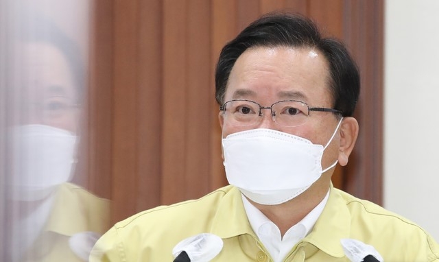 김부겸 국무총리가 지난 5월 21일 오전 서울 종로구 정부서울청사에서 열린 코로나19 대응 중앙재난안전대책본부(중대본) 회의에 참석해 발언하고 있다.