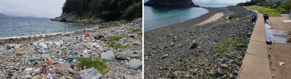 사진=우도 구멍섬 해양 쓰레기 수거 전/후