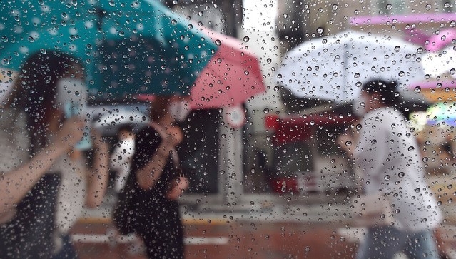 비가 내리고 있는 10일 오후 대구 중구 동성로에서 우산을 쓴 시민들이 길을 걷고 있다.