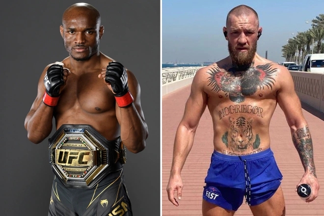 웰터급 챔피언 우스만을 도발하고 있는 맥그리거(왼쪽)