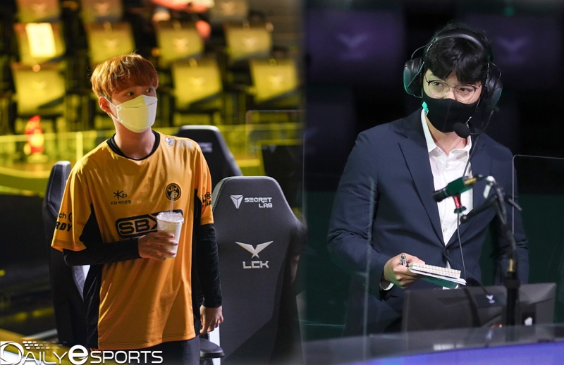 리브 샌드박스 정글러 '크로코' 김동범(왼쪽)과 담원 기아 김정균 감독.