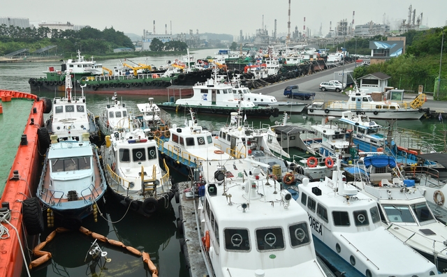 제12호 태풍 ‘오마이스’가 북상중인 23일 오전 울산 남구 장생포 항구에 선박들이 줄지어 정박하고 있다.