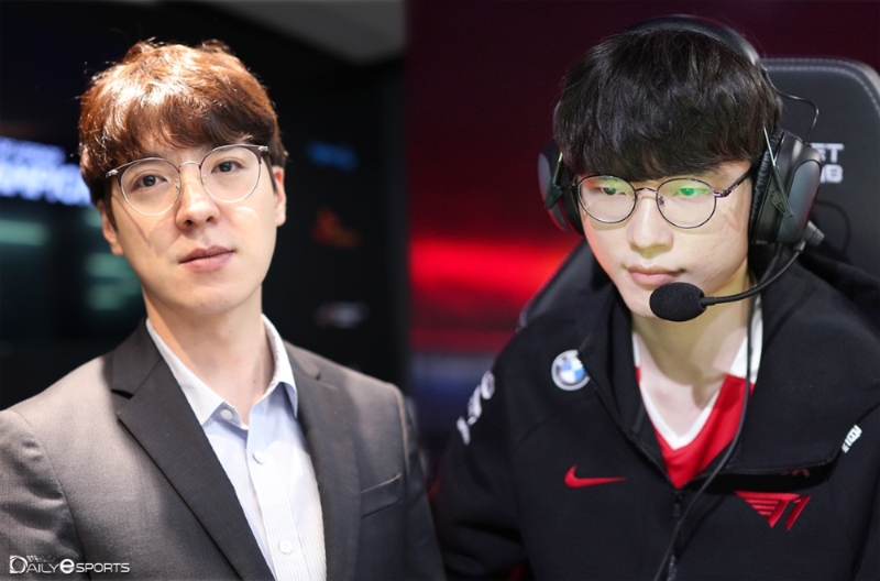 담원 기아 김정균 감독(왼쪽)과 T1 '페이커' 이상혁.