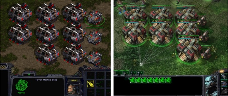 개별 선택을 해야 하는 1탄의 팩토리(좌)와 그룹 선택이 가능한 2탄의 군수공장. 과연 어떤 UI를 택하는 것이 좋은 게임성일까?