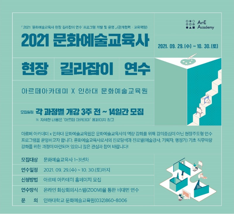 2021 문화예술교육사 현장 길라잡이 연수 참가자 모집 포스터. 자료=인하대학교
