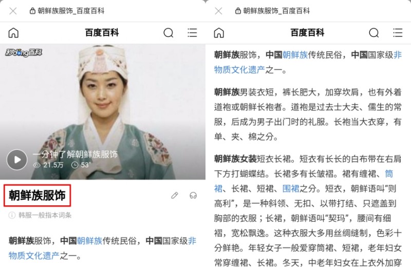 중국 최대 포털사이트인 바이두 백과사전에서 '한복'을 검색시 '조선족 복식'으로 소개하고 있다. (빨간색 네모친 부분)