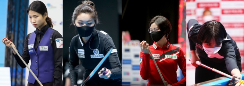 16강 여전사들. 왼쪽부터 용현지, 김가영, 이미래, 스롱(사진 =PBA,브릴리언트 빌리아드)