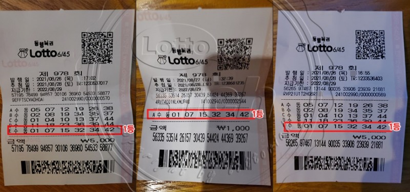 동행복권 제 978회 로또 1등 당첨자 임정환(가명)씨 외 2명의 로또용지 (출처-로또리치)