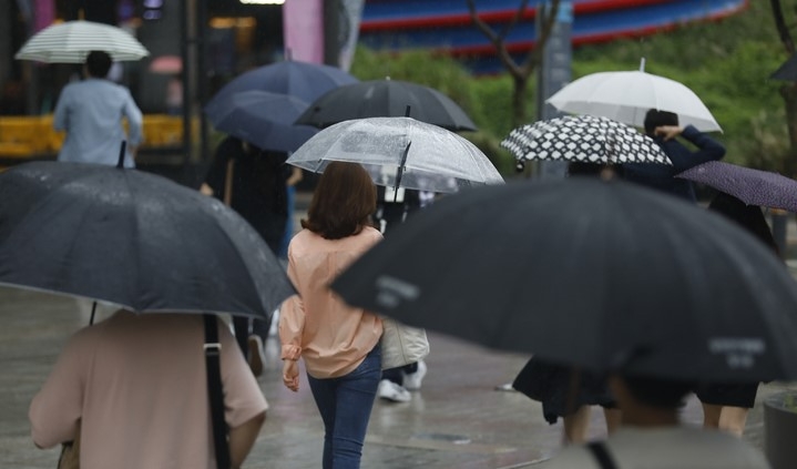 절기상 '백로(白露)'이자 비가 내리는 지난 7일 서울 청계광장 인근에서 직장인들이 우산을 쓰고 출근하고 있다.