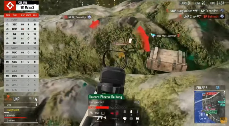 UNP는 지난 16일과 17일 펼쳐진 2021 PCS 5 APAC서 불법 프로그램 사용 논란에 휩싸였다(사진=중계화면 캡처).