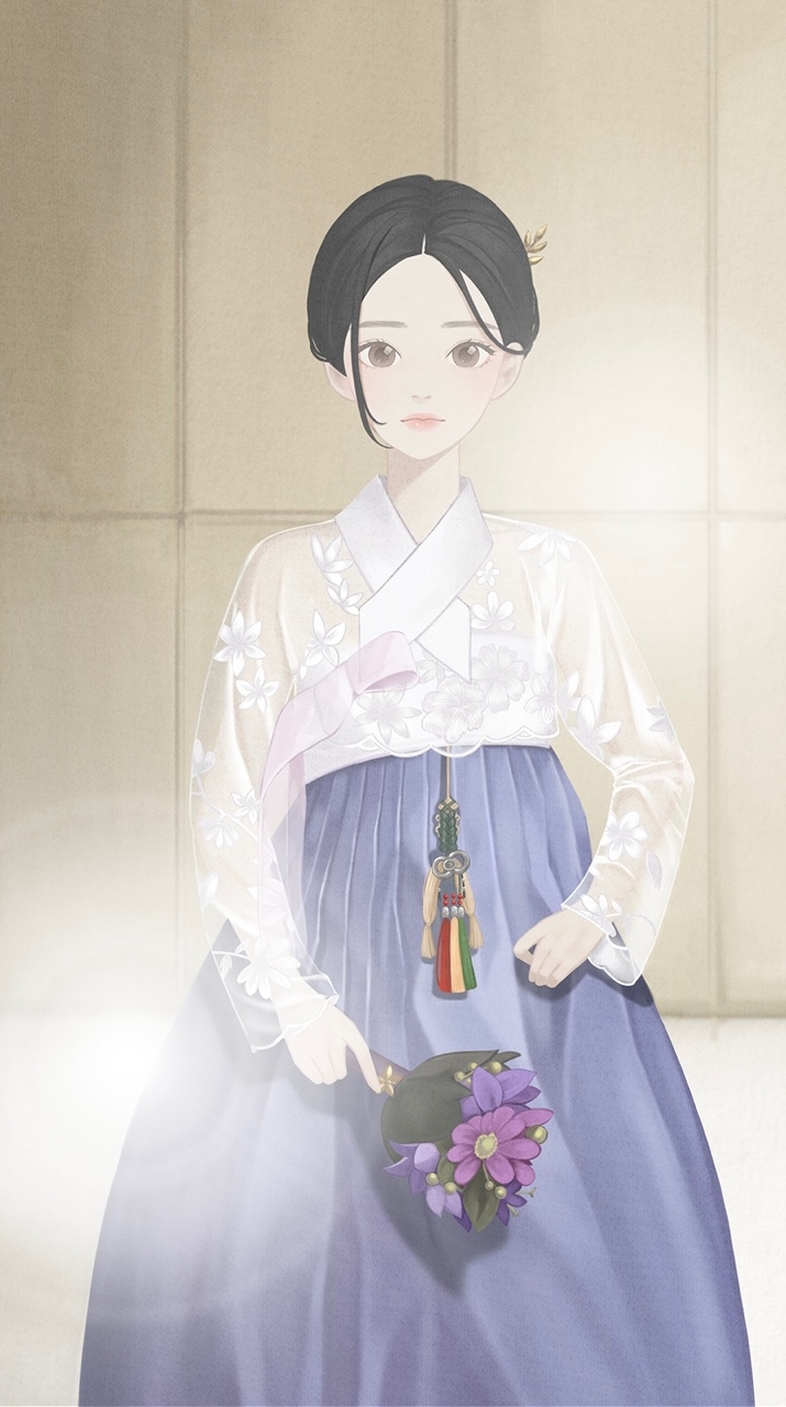 에어캡의 여성향 드레스업 게임 '걸 글로브'에 독점 사용된 유명 한복 브랜드 백옥수 '보랏빛 향기'.