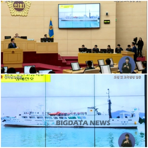 이철 도의원 도정및 교육행정 질문모습과 완도수산고등학교 실습선 청해진호/사진=전라남도의회