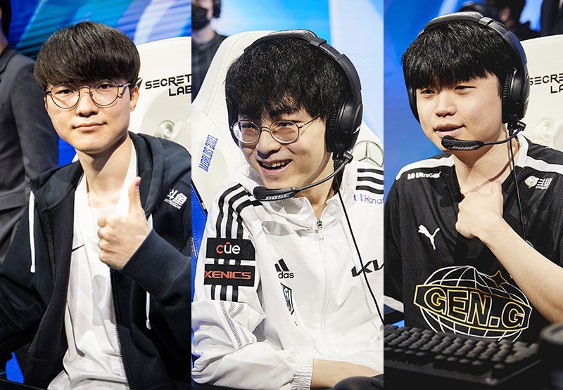 왼쪽부터 T1 '페이커' 이상혁, 담원 기아 '쇼메이커' 허수, 젠지 e스포츠 '비디디' 곽보성(사진 출처=라이엇 게임즈).