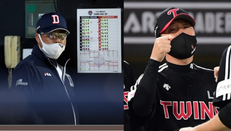 지난해에 이어 2년 연속 준플레이오프전에서 맞붙게 된 두산의 김태형감독(왼쪽)과 LG의 류지현 감독. 류지현 감독은 지난해 수석코치에서 올해는 사령탑으로 첫 포스트시즌에서 '잠실 라이벌'과 맞붙게 됐다.