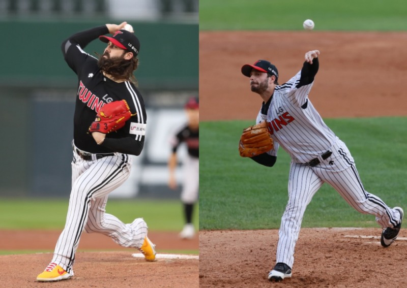 LG 마운드의 두 축인 외국인투수 케이시 켈리(왼쪽)과 앤드류 수아레즈[