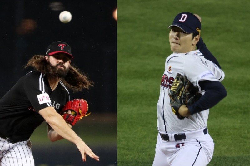 2차전 선발로 나서는 켈리와 곽빈(오른쪽)