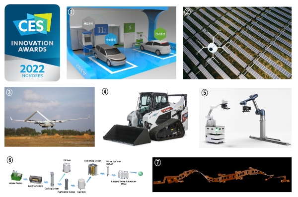 (상단 왼쪽부터) ①수소연료전지 시스템 ‘트라이젠(Tri-gen)’ ②수소드론을 활용한 태양광 발전소 점검 솔루션 ③수직이착륙 고정익 수소드론 ‘DJ25’ ④완전 전동식(All-Electric) 로더 ‘T7X’, ⑤카메라 로봇 ⑥폐플라스틱 수소화 기술 ⑦PFC(Patterned Flat Cable) / 자료 제공 = 두산그룹
