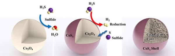 저효율 벌크 코발트 산화물의 황화수소 열처리 과정을 통한 고효율 촉매 전화 공정 모식도. / 자료 = 경기도뉴스포털