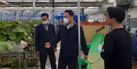 농림수산업자신용보증기금 김석기 상무(사진 가운데)는 15일 강원도 평창 소재 스마트팜에서 진행중인 경영컨설팅 현장을 방문하여 농업인과 대화하고 있다. / 사진 = 농협 제공