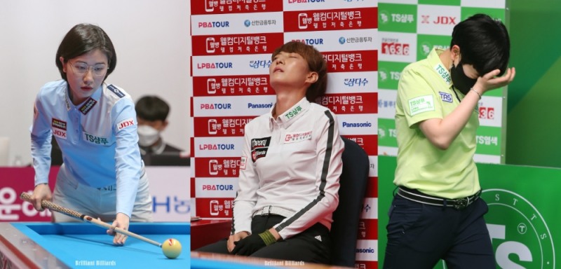 16강 진출에 실패한 챔피언들(왼쪽부터 이미래, 임정숙, 김세연. 사진=브릴리언트 빌리아드)