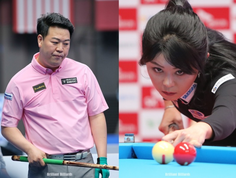 중도탈락의 고배를 든 남녀우승후보 강동궁(왼쪽)과 김가영(사진=브릴리언트 빌리아드)