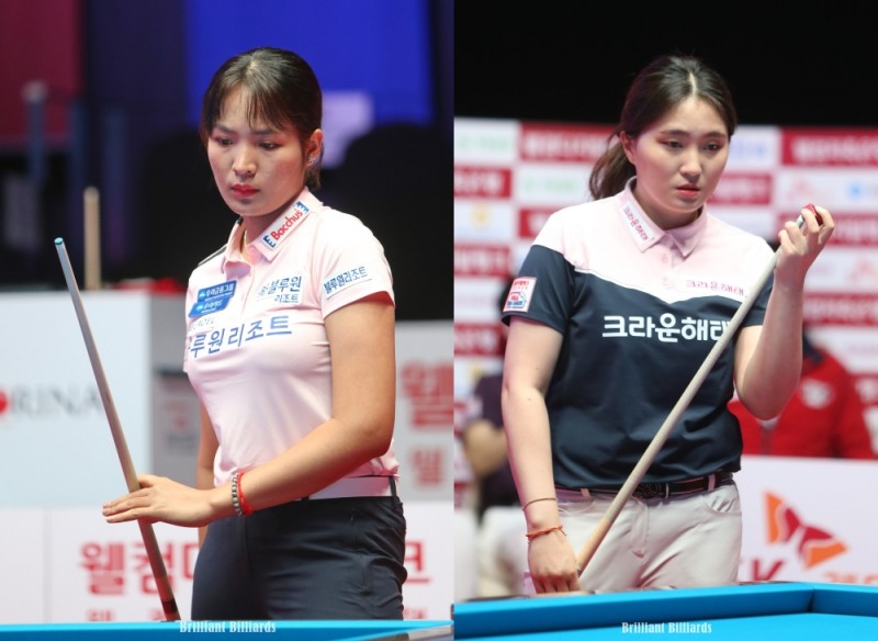 4강에 올라 2승을 노리는 스롱 피아비(왼쪽)와 강지은(사진출처=브릴리언트 빌리아드)