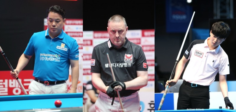 연타쇼를 펼치며 16강에 오른 조재호, 쿠드롱, 신정주(왼쪽부터. 사진-브릴리언트 빌리아드)