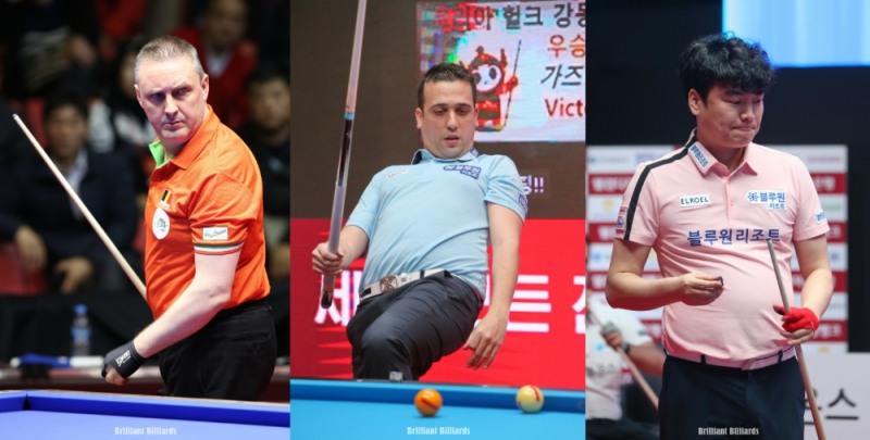 연타 쇼를 펼치며 8강에 오른 쿠드롱, 사파타, 강민구(왼쪽부터. 사진출처=브릴리언트 빌리아드)