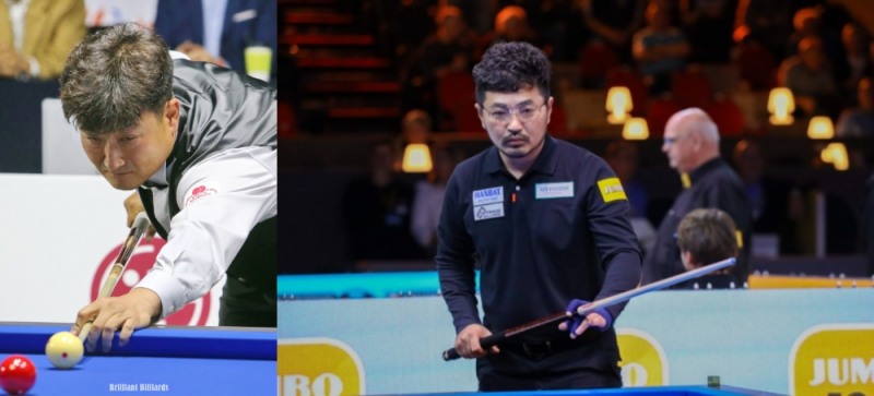 조1위로 3라운드에 오른 이충복(왼쪽)과 안지훈(사진=브릴리언트 빌리아드. 파이브앤식스)