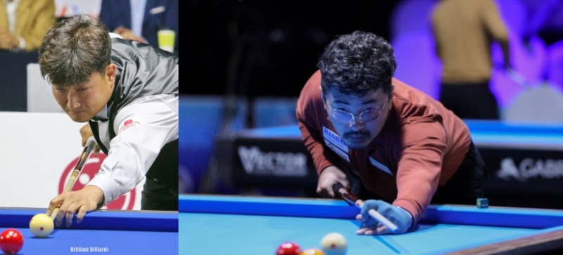 조1위로 4라운드에 오른 이충복(왼쪽)과 안지훈(사진=브릴리언트 빌리아드. 파이브앤식스)