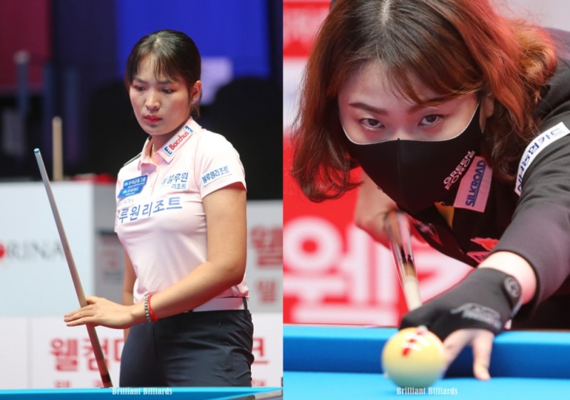32강전에서 만난 캄보디아 특급 스롱(왼쪽)과 아마최강 출신 김민아(사진=브릴리언트 빌리아드)