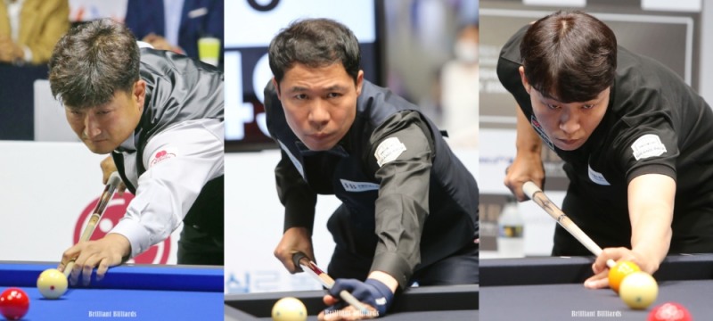 마지막 경기서 32강행을 결정지은 이충복, 허정한, 최성원(왼쪽부터. 사진출처=브릴리언트 빌리아드)