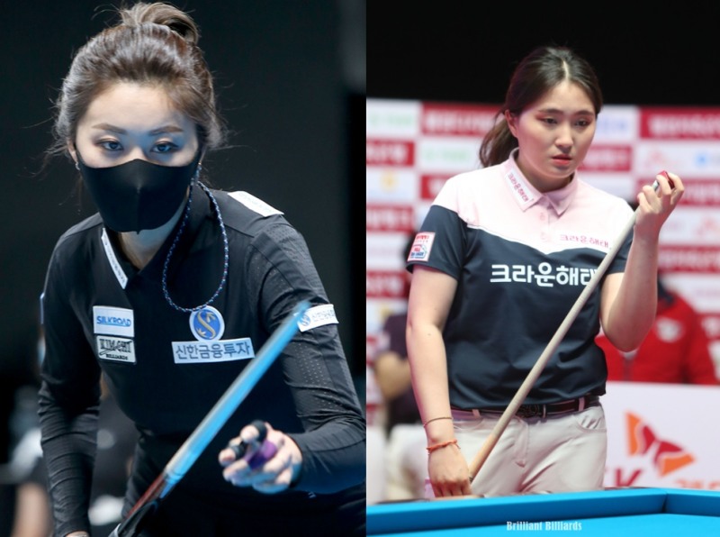 32강전 센추리클럽 멤버 김가영(왼쪽)과 강지은(사진=PBA.브릴리언트 빌리아드)