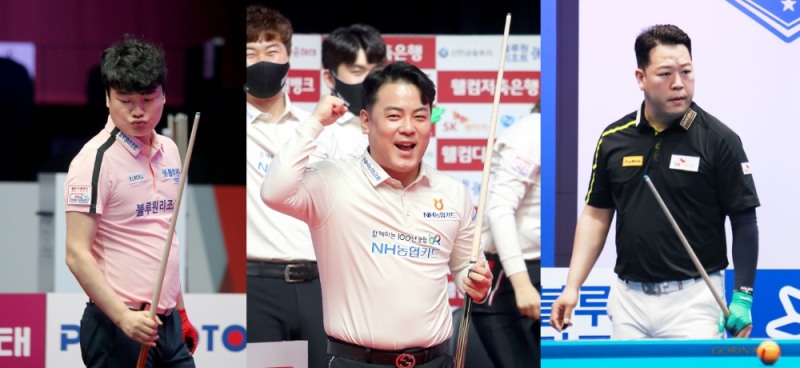 32강에 오른 국내파 우승후보들. 왼쪽부터 강인구, 조재호, 강동궁(사진출처=PBA)
