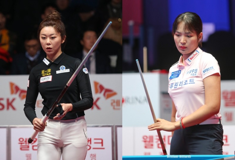 8강전에서 세게 붙는 우승후보 김가영(왼쪽)과 스롱 피아비(사진=PBA,브릴리언트 빌리아드)