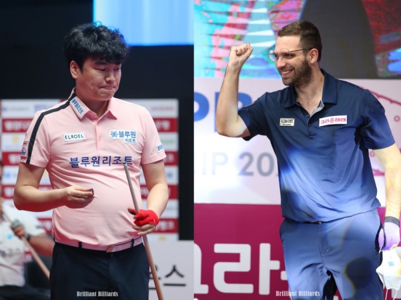 32강서 붙는 강민구(왼쪽)와 팔라존(사진=브릴리언트 빌리아드)