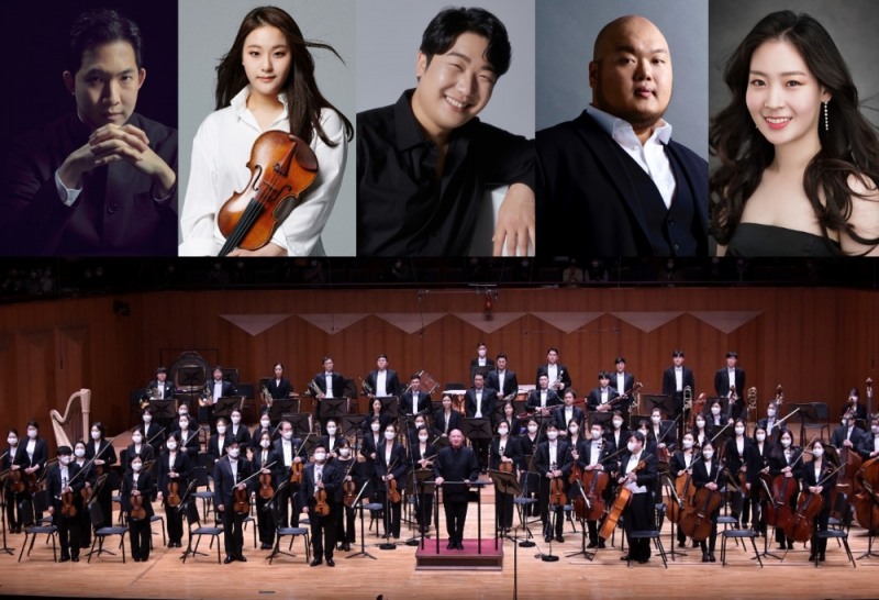 <마포아트센터 재개관 기념 – 2021 송년음악회> 출연진(왼쪽부터 지휘자 이승원, 바이올리니스트 임지영, 바리톤 김기훈, 테너 박승주, 소프라노 손희수, KBS 교향악단)