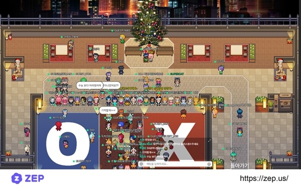 메타버스 플랫폼 '젭(ZEP)'에서 열린 채용 설명회 참가자들이 OX 퀴즈를 함께 즐기는 모습.