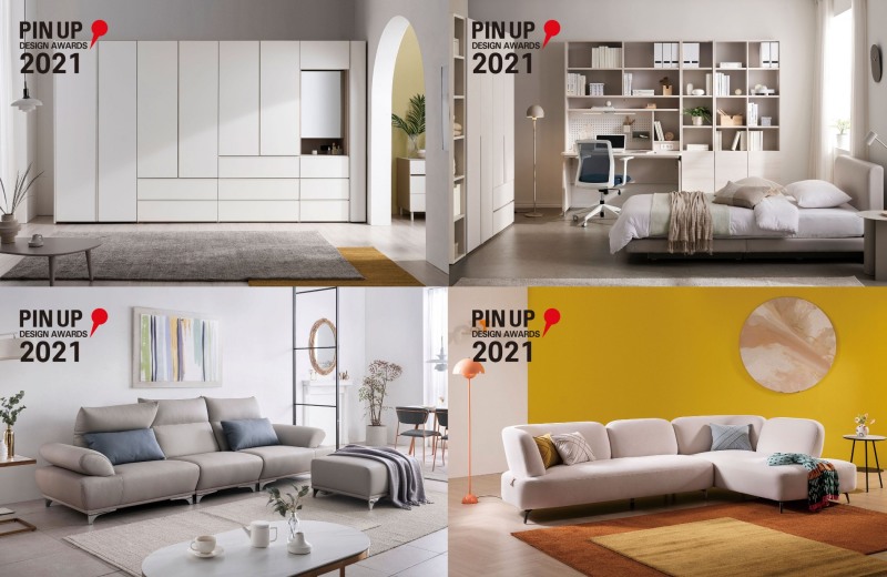‘2021 핀업 디자인어워드(PIN UP Design Award)’에서 본상을 수상하는 영예를 차지한 4개 제품.(좌측 상단부터 시계방향 순으로) 커스텀 옷장, 레이어드 홈오피스, 위브릭 보니타 F003 소파, 워너비 헤르메스 소파