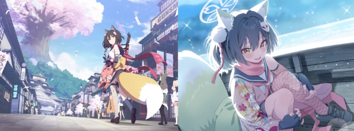 벚꽃만발 축제 대소동(좌), 이즈나 메모리얼 일러스트(우).