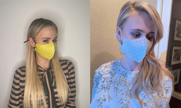 사진=오스카 여우주연상 후보에 노미네이트 된 헐리우드 배우 ‘마리아 바카로바(Maira Bakalova)’가 크리스앤코의 숨소리 마스크를 착용하고 있다. (왼쪽) 일상 컷 (오른쪽) 오스카 시상식 애프터 컷