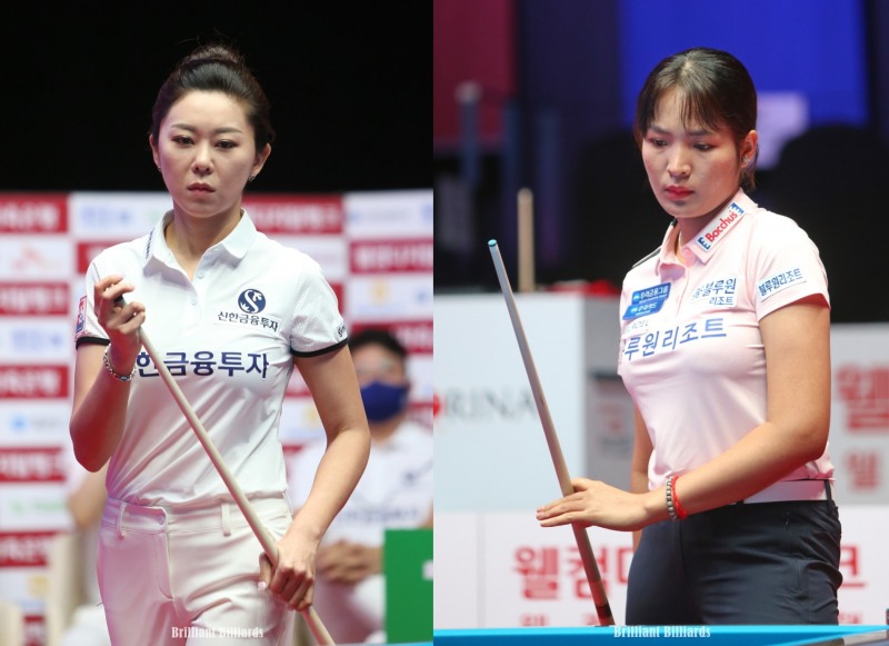 올시즌 세번째 대결을 벌이는 김가영(왼쪽)과 스롱 피아비(사진=브릴리언트 빌리아드)
