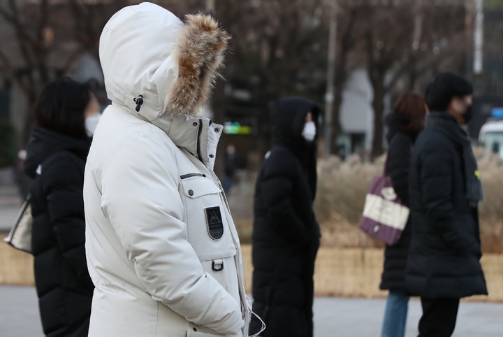 오전 기온이 어제보다 5도 이상 떨어진 영하의 추위를 기록한 지난 22일 서울 세종로네거리에서 두꺼운 옷차림을 한 시민들이 출근하고 있다.