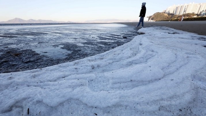 전국에 강력한 한파가 몰아친 26일 오전 부산 사하구 다대포해수욕장 백사장에 바닷물이 얼어 있다. 이날 부산의 아침최저기온은 영하 8.6도(체감기온 영하 17.2도)로, 올 겨울 들어 가장 추운 날씨를 기록했다.